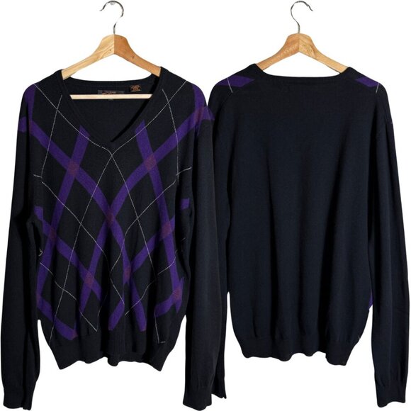 Ben Sherman Wool Argyle V-Neck Sweater Pullover Men's XL Black Purple Preppy Dad - Picture 1 of 11